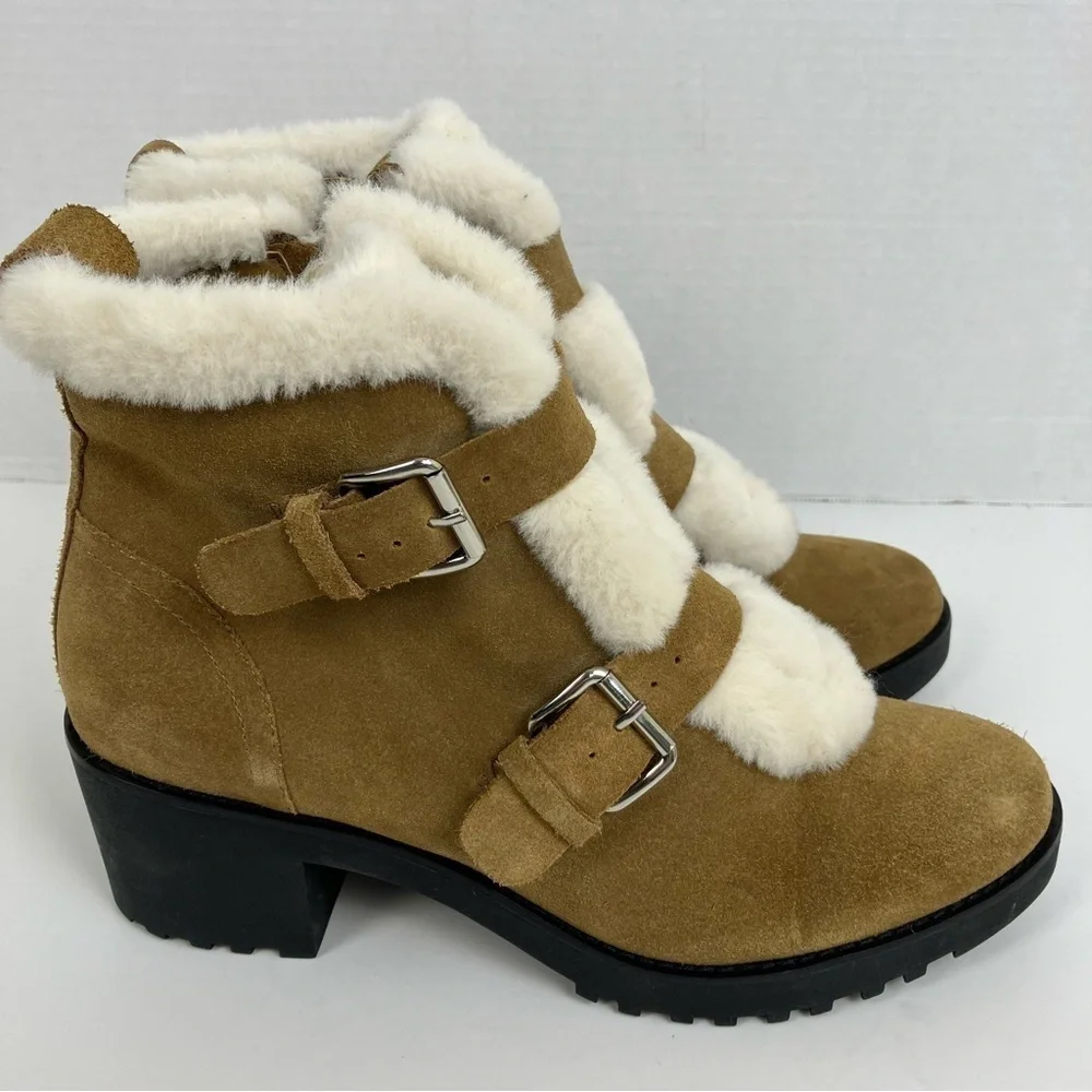 Saks Fifth Avenue Hailey Suede Chunky Winter Boots w Buckles Faux Fur Trim Sz 10